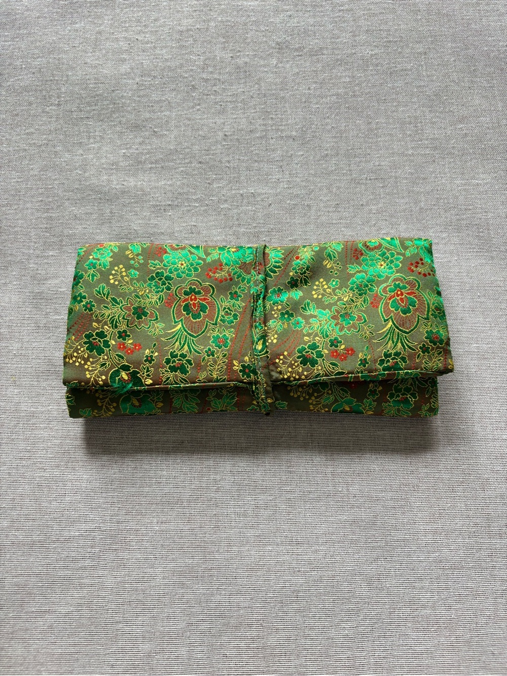 Vintage green gold brocade fancy whimsical travel Asian pouch.